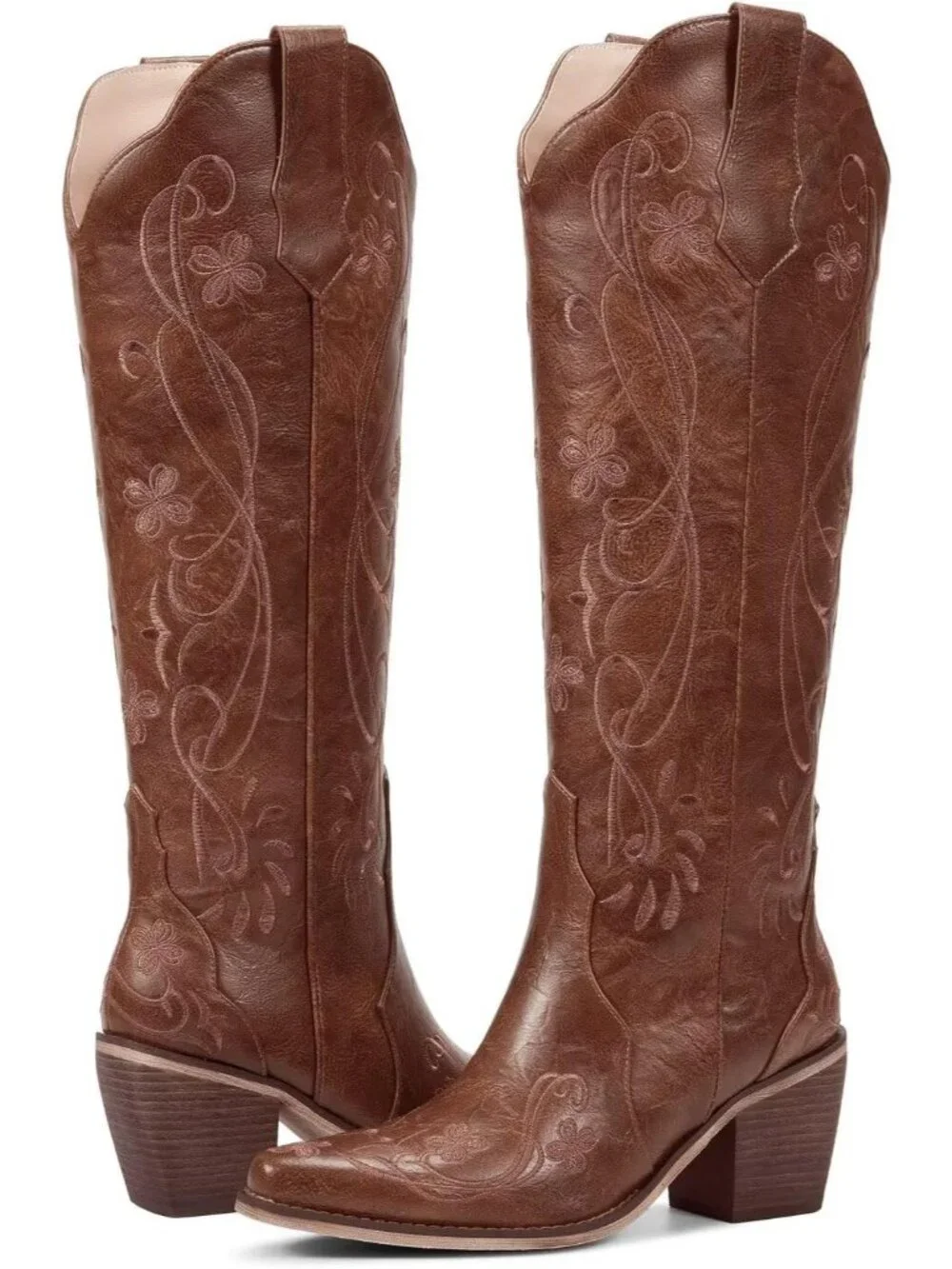 Women's Caramel Brown Floral Faux Leather Knee High Western Style Cowgirl Boots